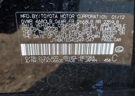 2012 Lexus Es 350 from USA, damaged, VIN JTHBK1EG4C2491047